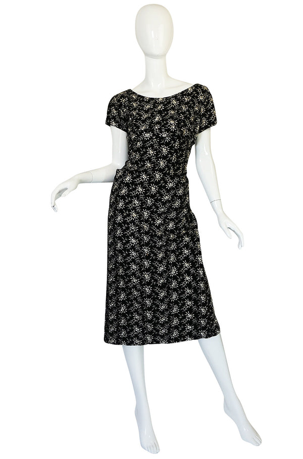 Late 1940s Hand Embroidered Black Velvet Fitted Dress