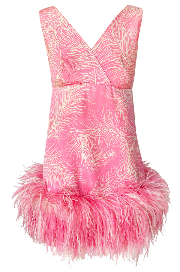 1960s Jerry Silverman Pink Print Mini Dress w Pink Feather Hem Detailing