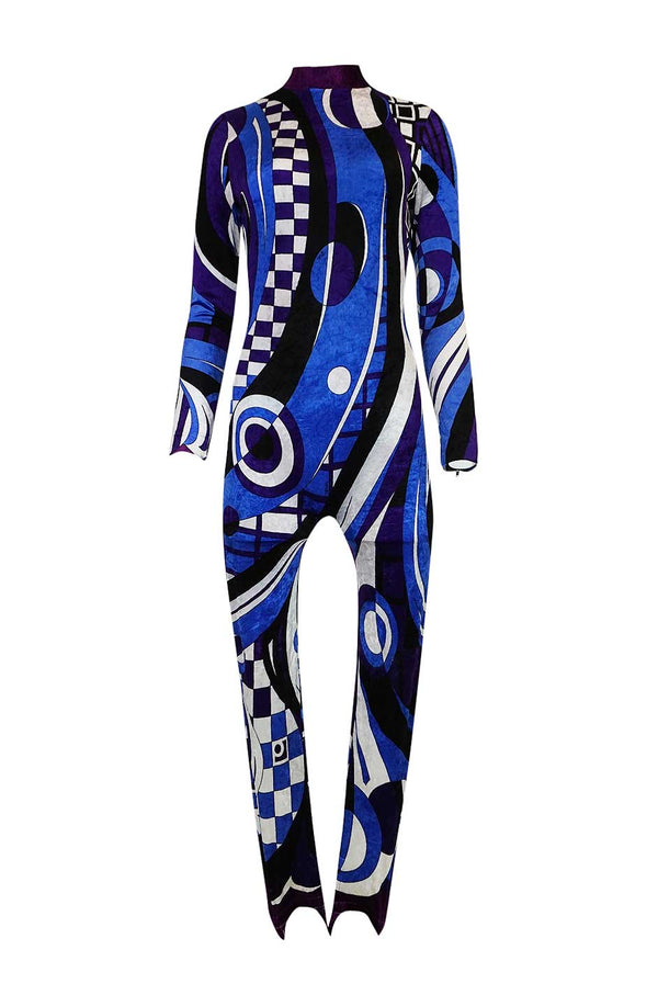 Rare 1970s Emilio Pucci Blue Print Velvet Stretch Catsuit w Stirrups