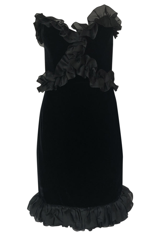 Fall 1987 Yves Saint Laurent Strapless Velvet & Silk Organza Ruffled Dress