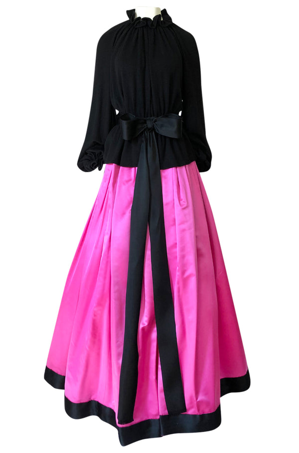 Fall 1977 Bill Blass Couture Full Pink Silk Satin Skirt & Black Top Dress Set