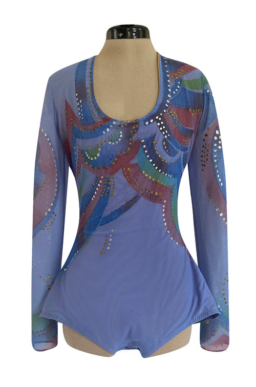 1970s Giorgio Sant Angelo Hand Painted Stretch Blue Net Bodysuit w Gold & Silver Accents