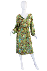 1970s Green & Gold Metallic Silk Adele Simpson Dress