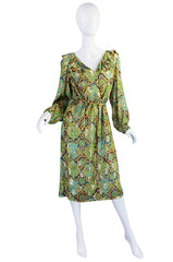 1970s Green & Gold Metallic Silk Adele Simpson Dress