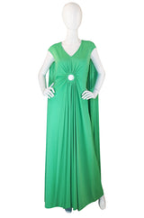 1970s Green Caped Jersey Maxi with Cut Out