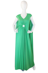 1970s Green Caped Jersey Maxi with Cut Out