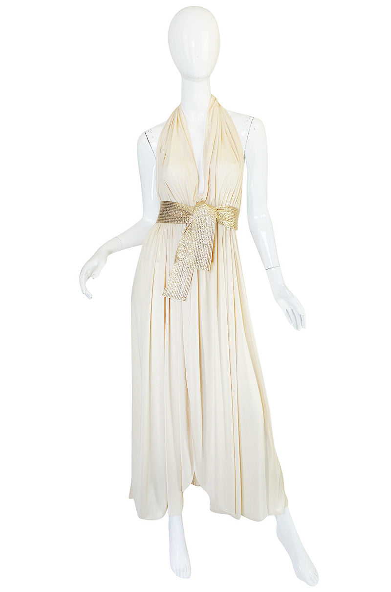 1980 Bill Tice Cream & Gold Backless Jersey Plunge Gown