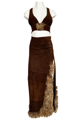 1960s North Beach Leather Suede & Feather Halter Top & Wrap Skirt Set