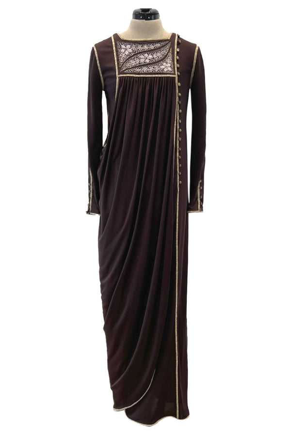 Museum Held 1970s Bill Gibb Deep Brown Liquid Jersey Dress w Metal Buttons & Extensive Beading