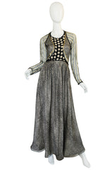 1970s Geoffrey Beene Couture Gold Metallic Lurex & Net Print Dress
