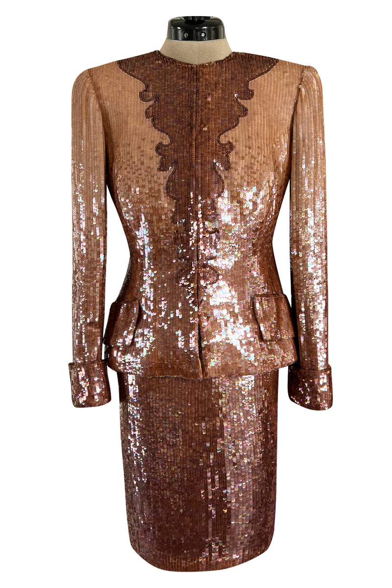 Fabulous 1980s John Anthony Couture Pink & Bronze Fully Sequinned Strapless Dress & Matching Jacket