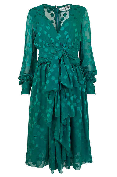 A/W 1973 Christian Dior Haute Couture Stunning Green Silk Chiffon Dress