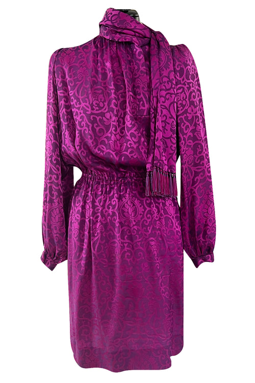 Chic Fall 1994 Yves Saint Laurent Haute Couture Silk Fuschia Dress w Fringed Scarf Detail