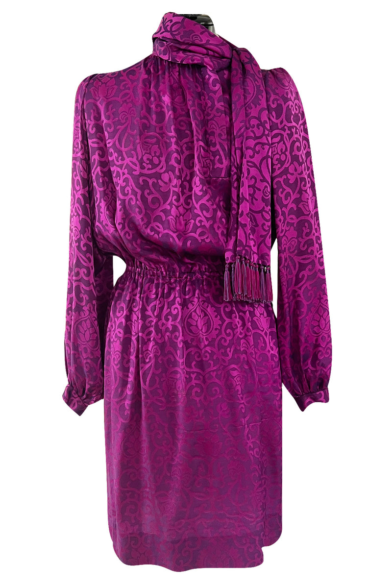 Chic Fall 1994 Yves Saint Laurent Haute Couture Silk Fuschia Dress w Fringed Scarf Detail