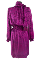 Chic Fall 1994 Yves Saint Laurent Haute Couture Silk Fuschia Dress w Fringed Scarf Detail