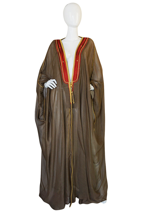 1970s Deep Taupe Caftan w Red & Gold Thread Embroidered Trim