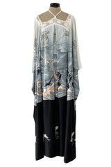Spectacular 1970s Jean Varon Crane Print Jersey Caftan Dress w Hand Crocheted Collar
