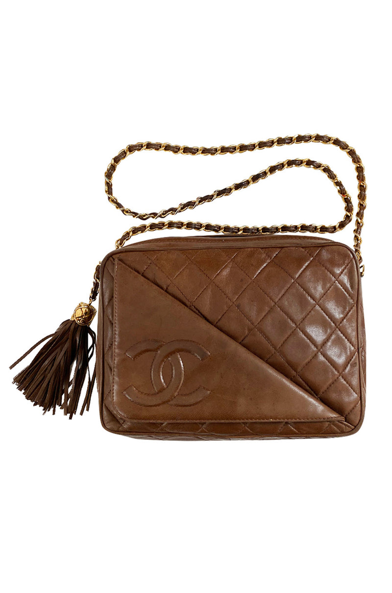 c. 1990 Chanel Quilted Camera Bag w Fringe Tassel & Front Flap Pocket