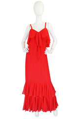 Unworn 1970s Red Silk Chiffon Tiered Ruffle Skirt Dress