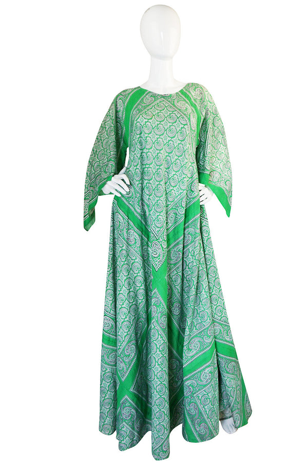 1970s Green Print Bandanna Scarf Cotton Caftan Dress