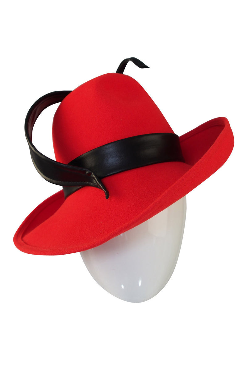 1960s Red Mr John Fedora Hat with Leather Feather Detail