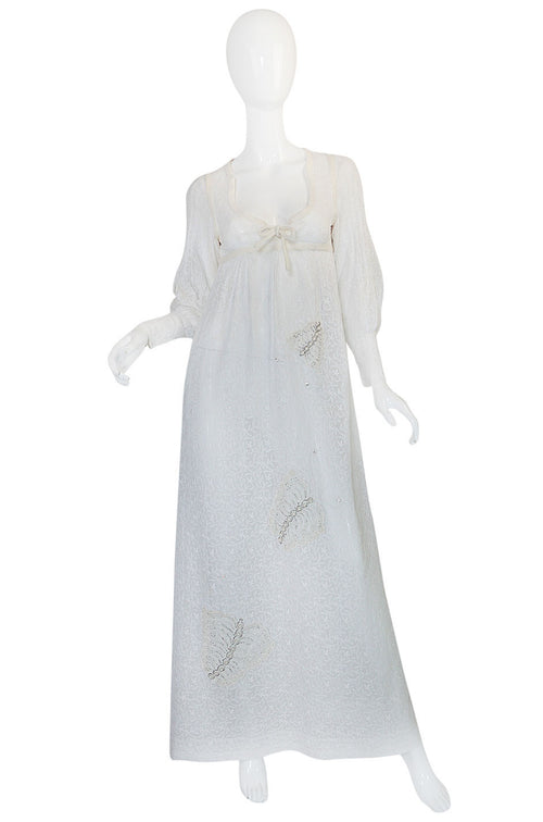 1970s Thea Porter White Embroidered Muslin Butterfly Applique Dress