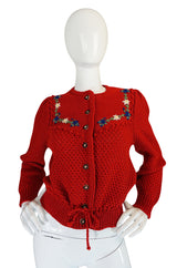 Adorable 1950s Hand Knit Red Floral Detail Sweater