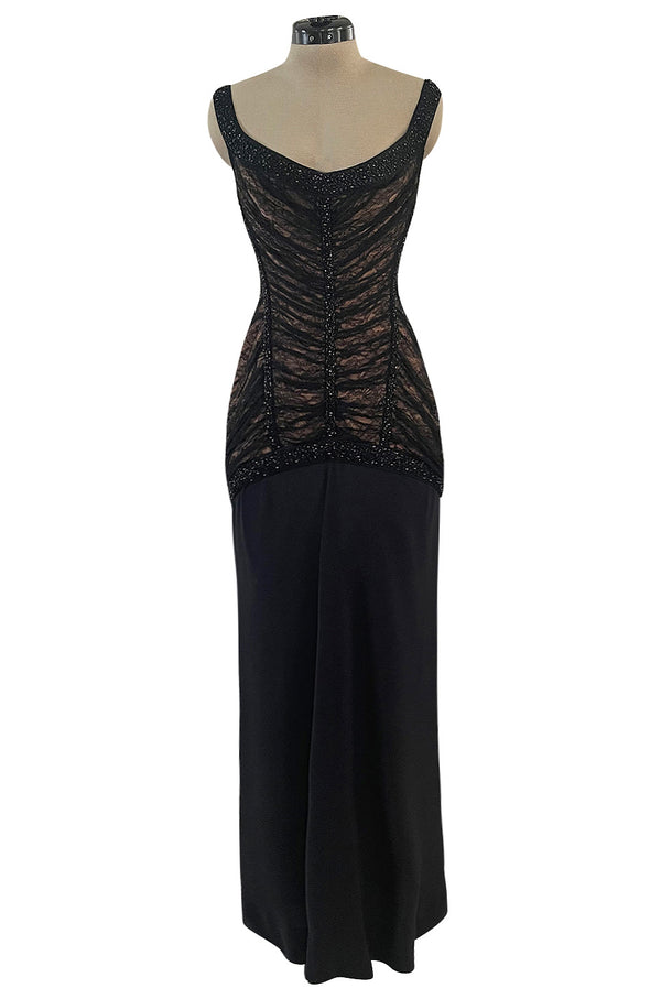 Original Fall 1997 Herve Leger Couture Lace & Bead Bandage Fitted Black Dress w Wide Straps