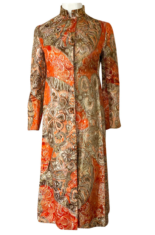 Unusual 1960s Bill Blass Open Panel Gold & Coral Metallic Coat
