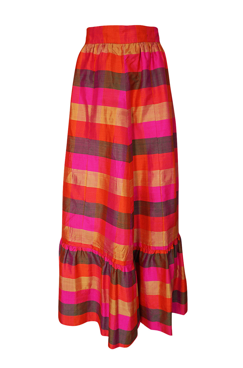 1960s Unlabeled Dramatic Pink Plaid Thai Silk  Ruffled Skirt