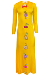 Early 1970s Bob Mackie Ray Aghayan Yellow Jersey Dress w Sequin Fruit