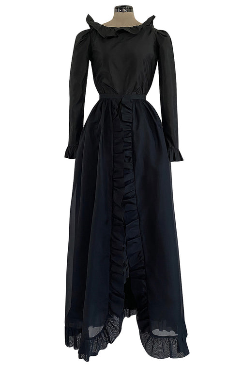 1972 Bill Blass Black Silk Taffeta Dress w Attached Silk Organza Skirt & Open Ruffled Back