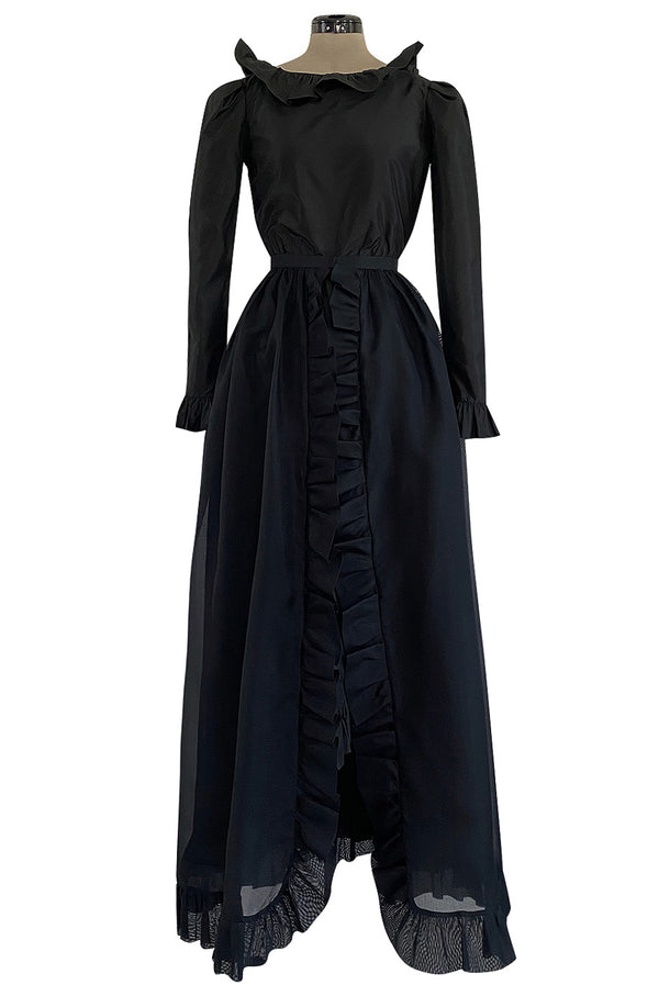 1972 Bill Blass Black Silk Taffeta Dress w Attached Silk Organza Skirt & Open Ruffled Back