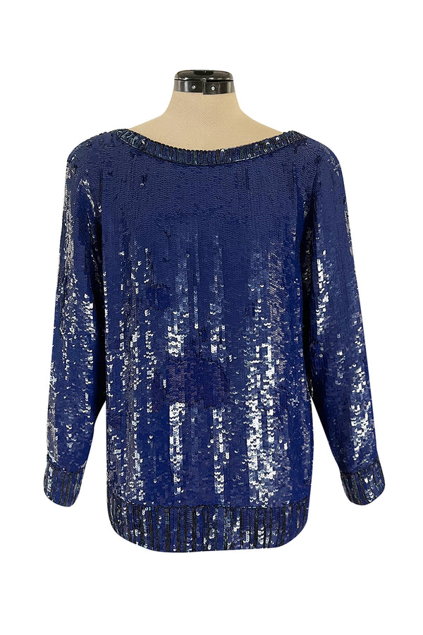 Fall 1985 Yves Saint Laurent Densely Covered Blue Sequin Top w Beaded Ribbing