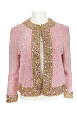 Stunning 1970s Adolfo Pale Pink Beaded Pearl, Rhinestone & Gold Jacket