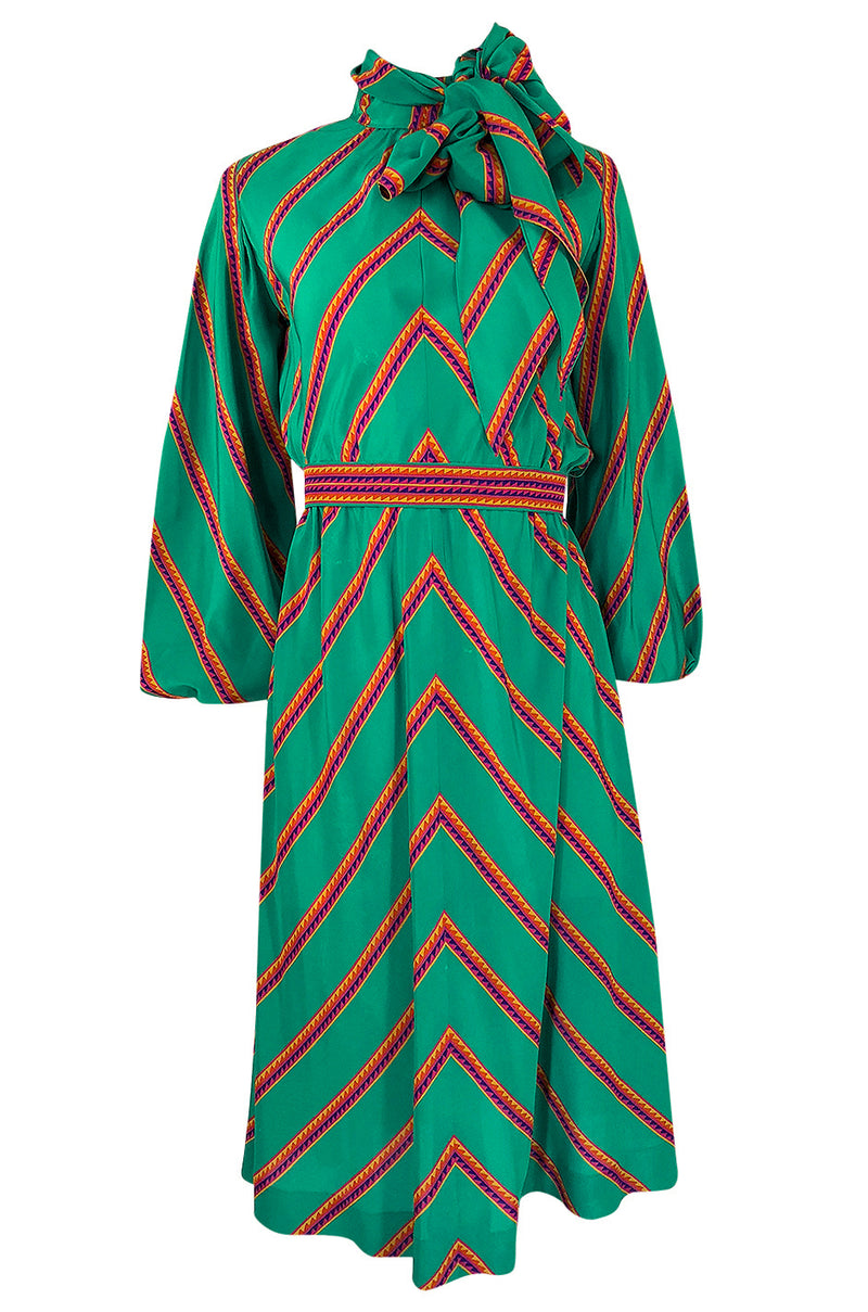 1970s Pauline Trigere Green Striped Silk Dress w Unusual Sleeves