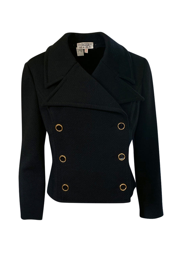 1970s Tricosa France Cropped Black Jacket w Pointed Collar Gold Buttons