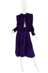1970s Adolfo Purple Velvet Jacket & Pleated Skirt Suit