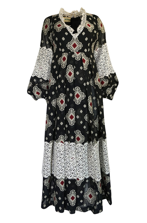 1971 Thea Porter Brocaded Cotton Gauze & Lace Flounce Dress