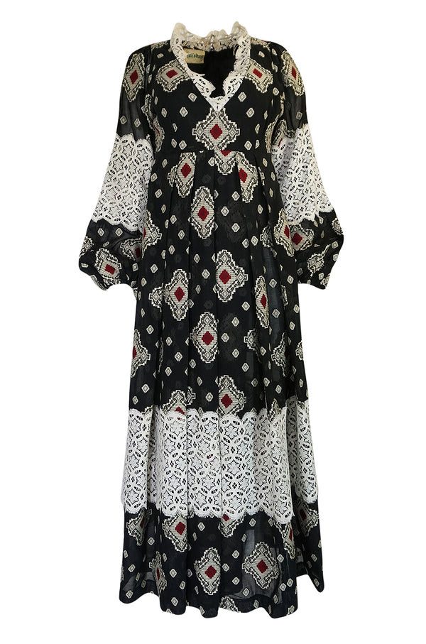 1971 Thea Porter Brocaded Cotton Gauze & Lace Flounce Dress