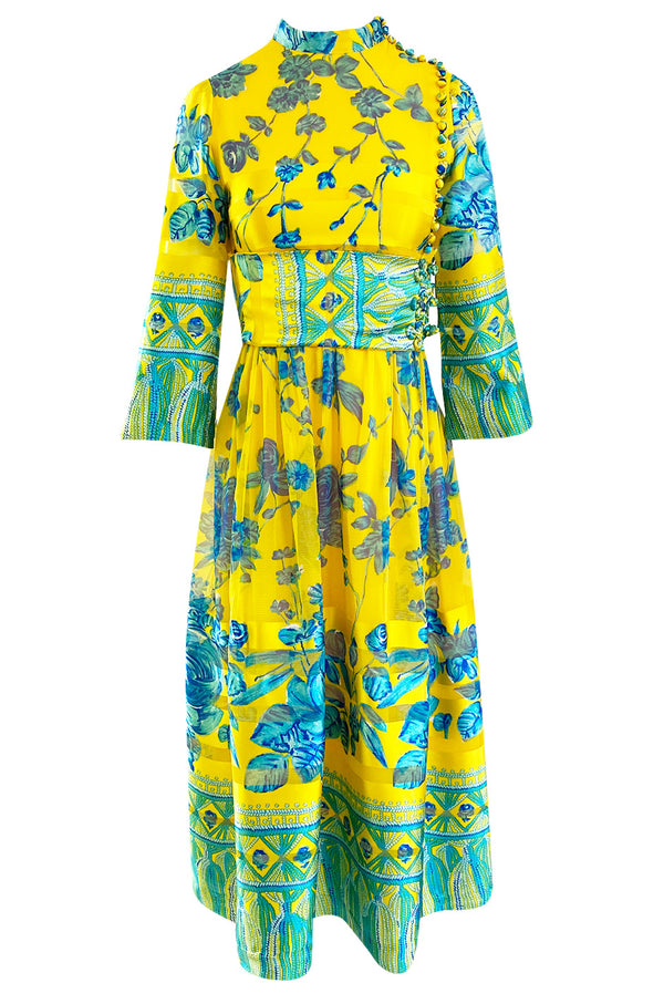 1972 Oscar de la Renta Vogue Documeted Yellow & Blue Silk Kimono Inspired Dress
