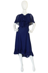 1970s Deep Blue Silk Chiffon Caped Detail Valentino Dress