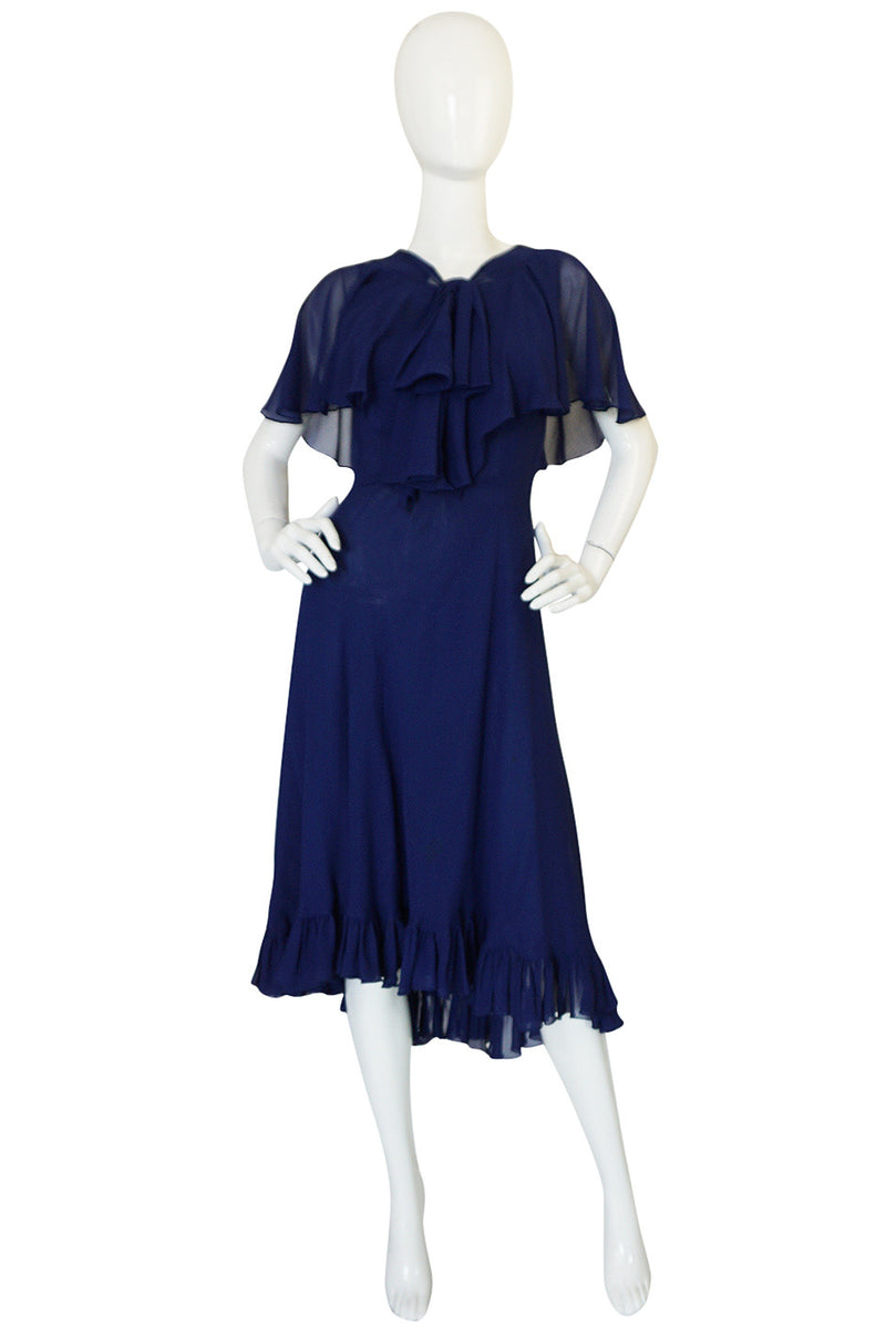 1970s Deep Blue Silk Chiffon Caped Detail Valentino Dress