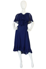 1970s Deep Blue Silk Chiffon Caped Detail Valentino Dress