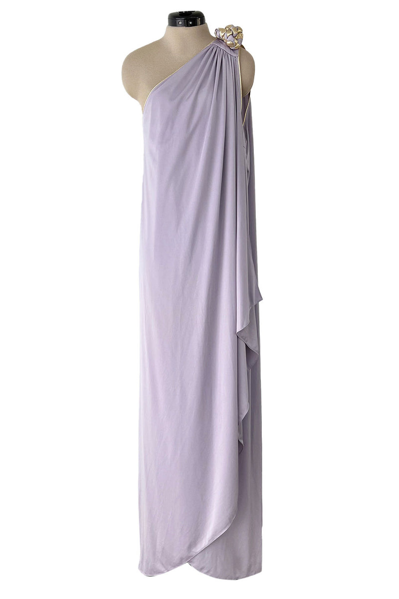 1981 Bill Tice Lilac One Shoulder Jersey Dress w Gold Lame Flower Deta Shrimpton Couture 1981 Bill Tice Lilac One Shoulder Jersey Dress w Gold Lame Flower Deta Shrimpton Couture