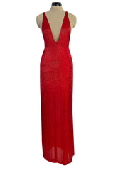 Showstopping 1975 John Anthony Couture Deep Plunging Red Dress Entirely Covered in Glass Beads