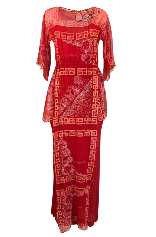 Fall 1979 Zandra Rhodes Book Piece 'Chinese Squares' Printed Red Silk Chiffon Dress