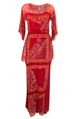 Fall 1979 Zandra Rhodes Book Piece 'Chinese Squares' Printed Red Silk Chiffon Dress