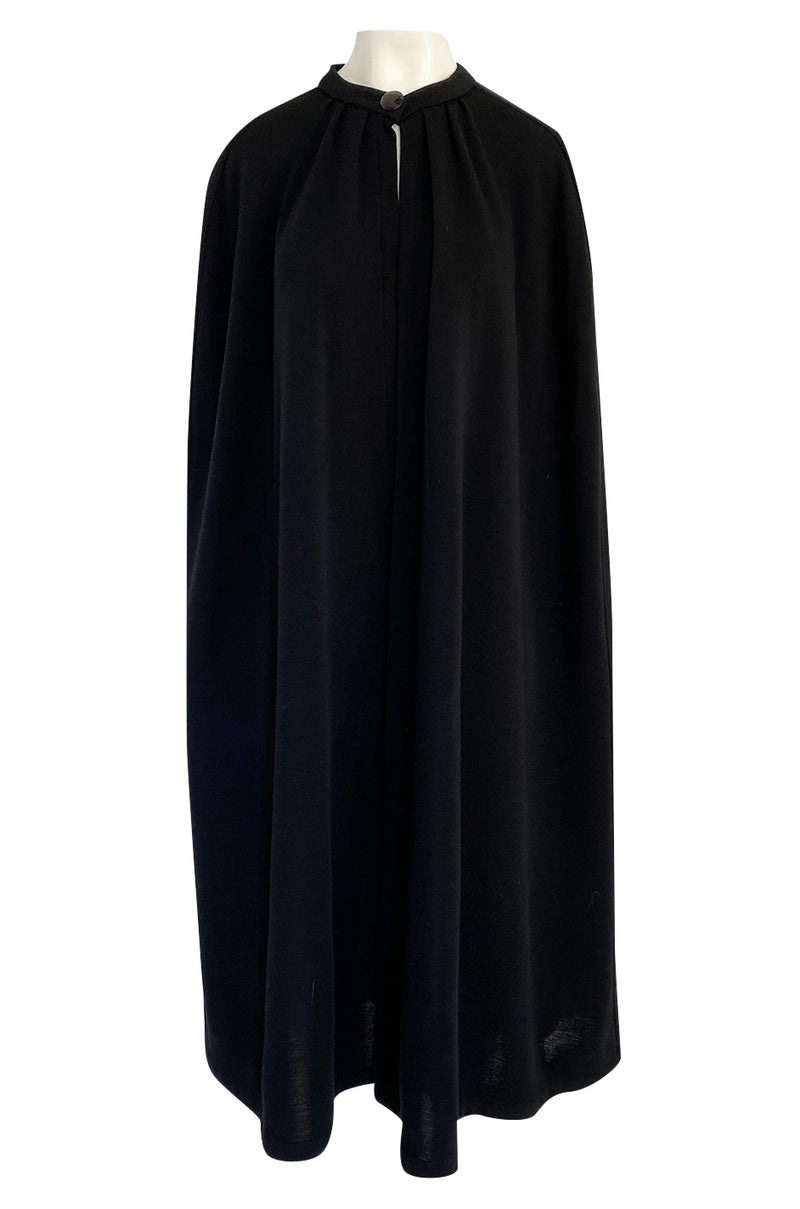 1970s Yves Saint Laurent Fine Black Wool Jersey Minimalist Cape w Button Neck