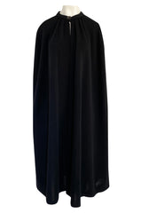 1970s Yves Saint Laurent Fine Black Wool Jersey Minimalist Cape w Button Neck